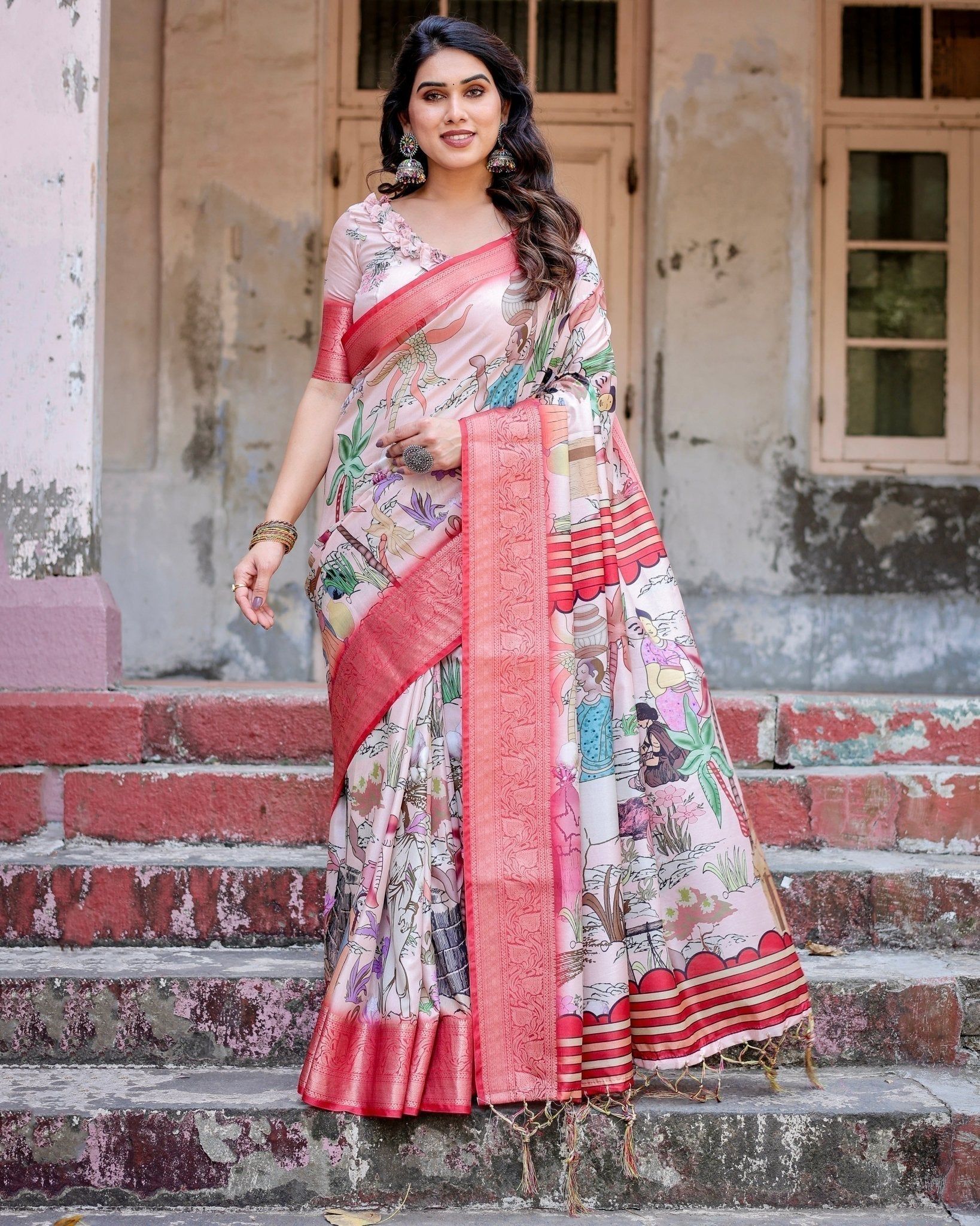Blush Pink Digital Print Tussar Silk Saree with Vibrant Storyline Art-Regular