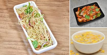 1 x Delhi Special Veg Chowmein, 1 x Chilli Potato, 1 x Veg Sweet Corn Soup