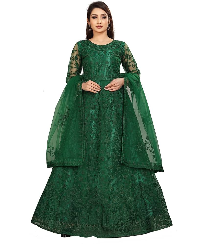 Apnisha - Green Flared Net Women's Stitched Ethnic Gown ( Pack of 1 )