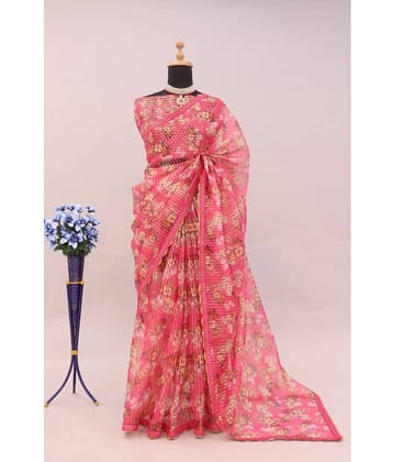 Gullak Organza Printed Saree With Unstitched Blouse Piece ( Blue )