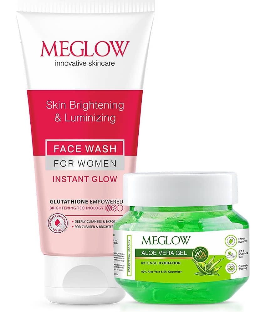 Meglow’s Daily Brightening + Hydrating Combo for Women | Glow & Nourish Face Care Combo for Women | Skin Brightening Facewash & Hydrating Aloe Vera Gel with Cucumber