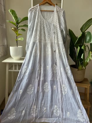 Mul Chanderi Chikankari Anarkali - Grey-Grey / Mul Chanderi