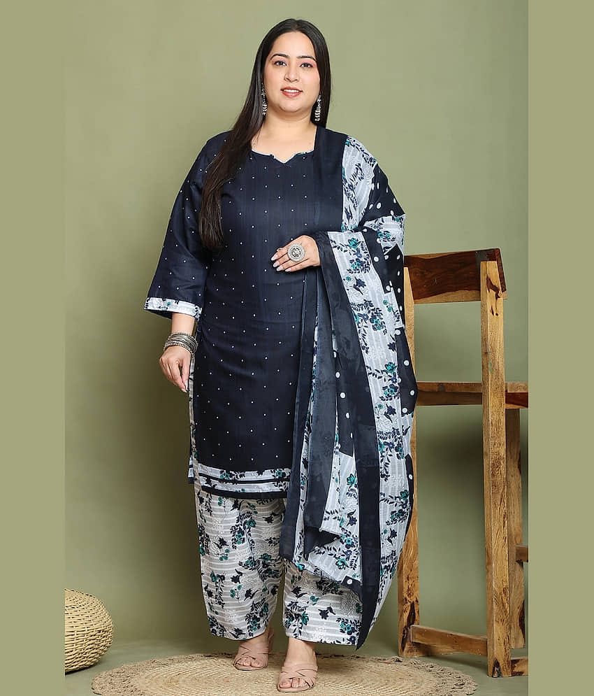 wonder weave Cotton Blend Printed Kurti With Patiala Women's Stitched Salwar Suit - Navy Blue ( Pack of 1 )