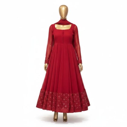 Women's Embroidered Red Anarkali Suit Set
