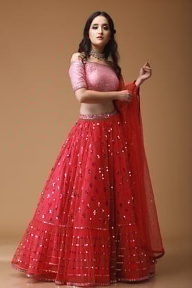 SEQUIN SCATTER RED LEHENGA WITH PINK OFF SHOULDER BLOUSE- NV-002