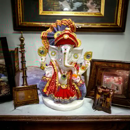 Ganpati Idol With Costume Best Gift For Inauguration, H- 36 cm-Composite Marble