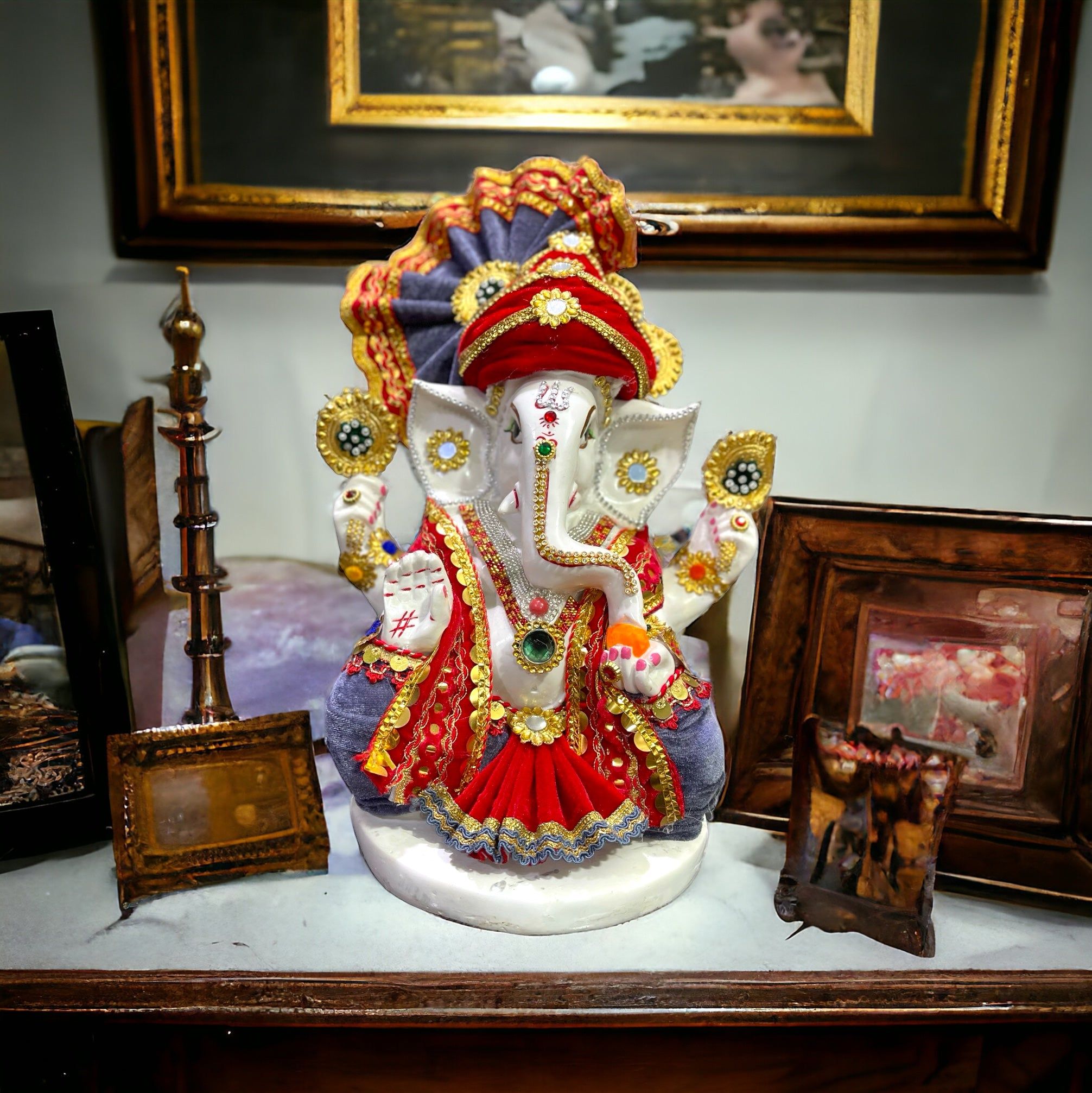 Ganpati Idol With Costume Best Gift For Inauguration, H- 36 cm-Composite Marble