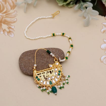 Green Color Nose Nath (NTH355GRN)-Length: 3.50 CM x Width: 3.50 CM / White / Brass With Good Quality Silver Plated