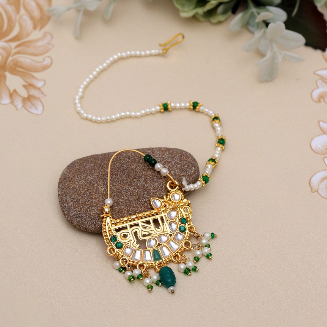 Green Color Nose Nath (NTH355GRN)-Length: 3.50 CM x Width: 3.50 CM / White / Brass With Good Quality Silver Plated