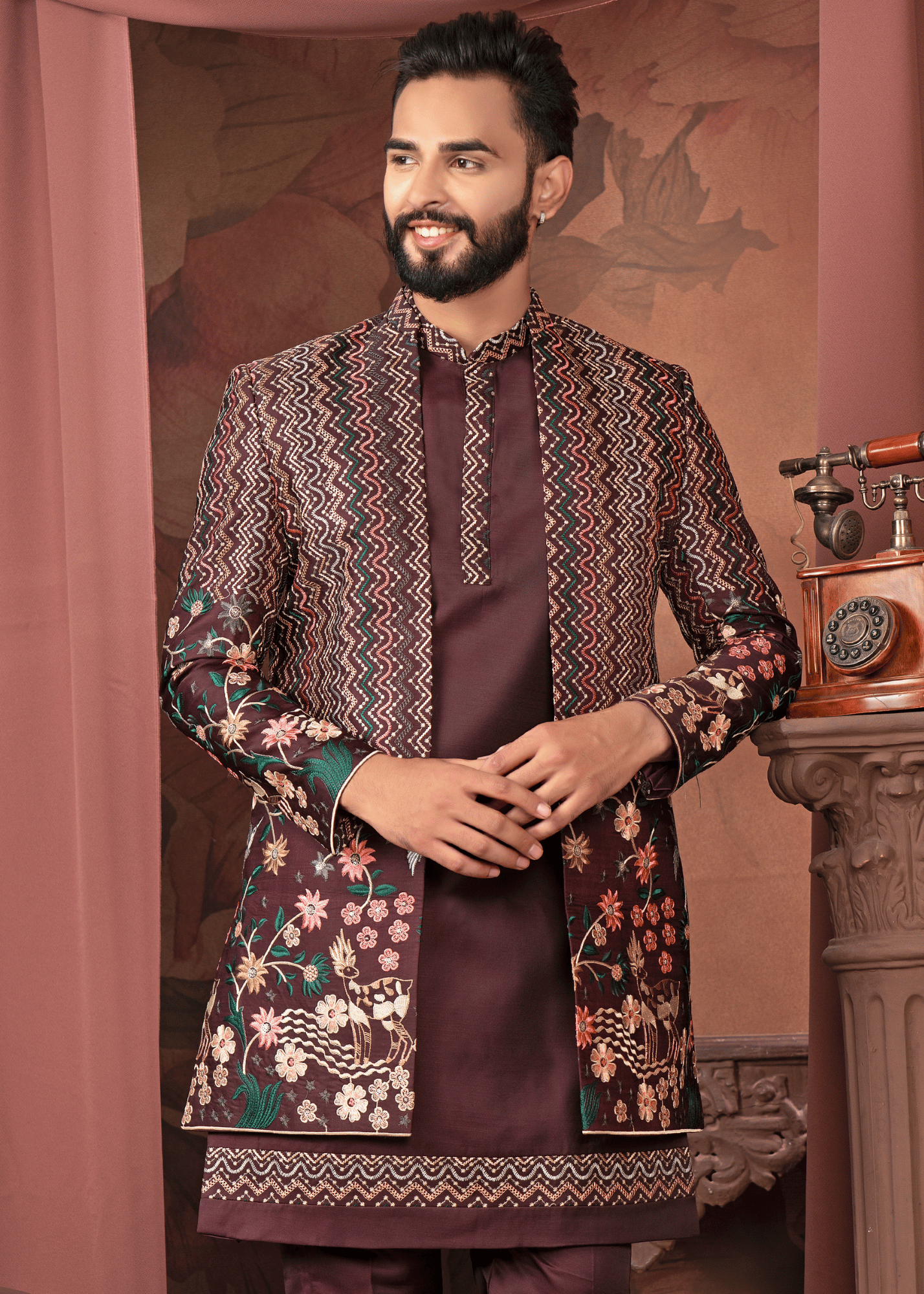 Wine Self Embroidered Open Indowestern Set