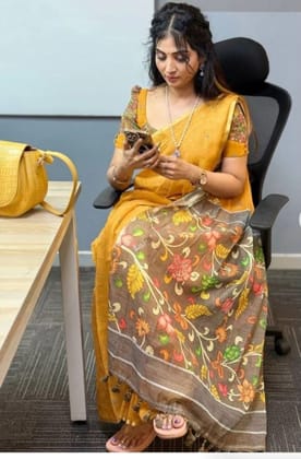 DARSHANS Women's Linen Printed Saree With Unstitched Blouse 5.5Mtr (Mustard)-PID65189