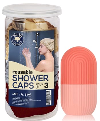 Old Tree Reusable Shower Caps (Pack of 3) with Ice Roller for Men and Women - Assorted Bathing Cap for Hair Protection Waterproof Clear Shower Caps Old Tree Reusable Shower Caps (Pack of 3) with Ice Roller for Men and Women - Assorted Bathing Cap for Hai