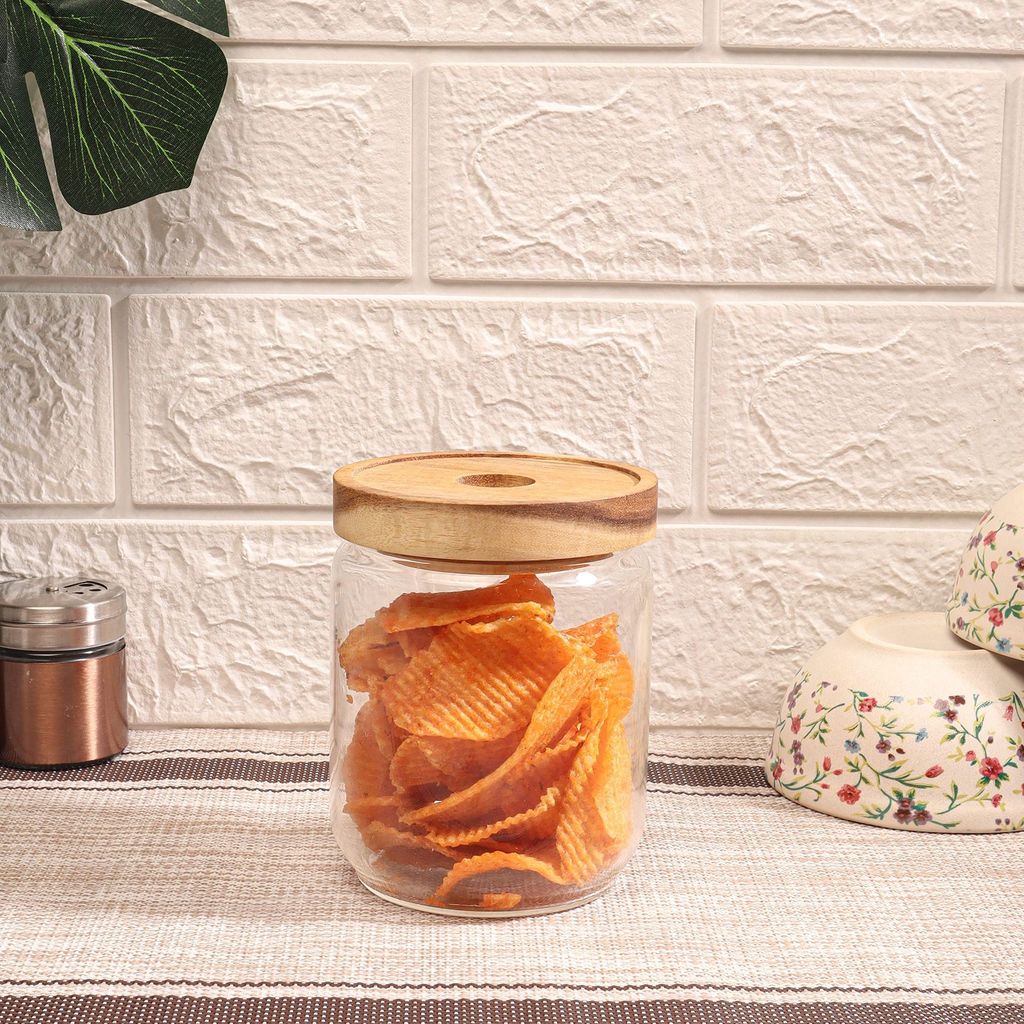 Femora Borosilicate Glass Jar with Bamboo Lid Air-Tight Jar, 450 ML, 2pcs,