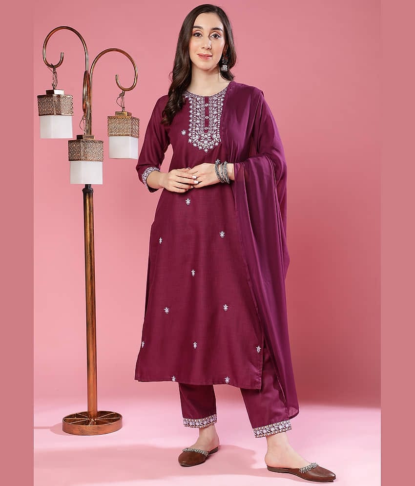TRAHIMAM Cotton Blend Embroidered Kurti With Palazzo Women's Stitched Salwar Suit - Purple ( Pack of 1 )
