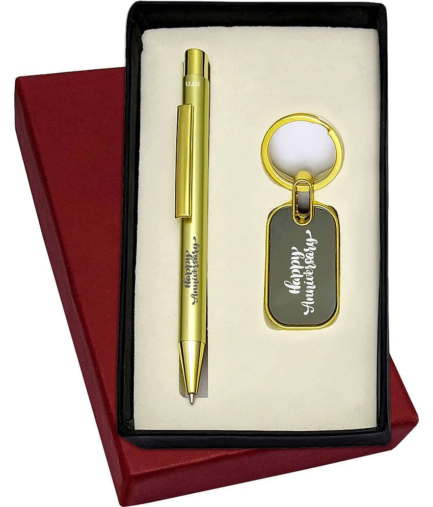 UJJi 2in1 Happy Anniversary Set in Shiny Gold Color Retractable Pen & Metal Keychain