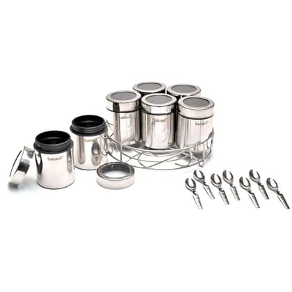Stainless Steel Masala Dabba Set | 7-Piece Spice Box with See-Through Lid, Spoons & Stand | Masala Container for Kitchen Storage  Durable & Rust-Free