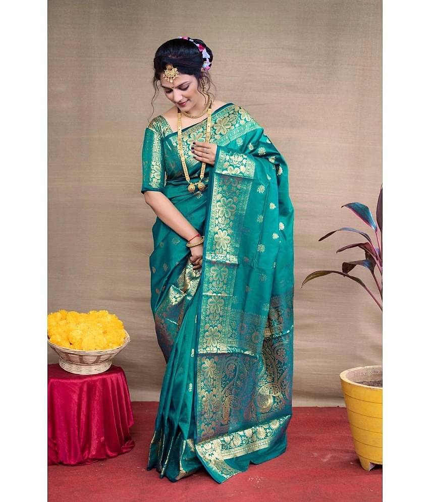 Gazal Fashions Banarasi Silk Woven Saree With Unstitched Blouse Piece ( Rama )