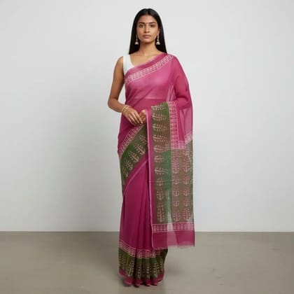 Kota Doria Handloom Saree in Magenta Pink with Block-Printed Buti Kota Doria Handloom Saree in Magenta Pink with Block-Printed Buti
