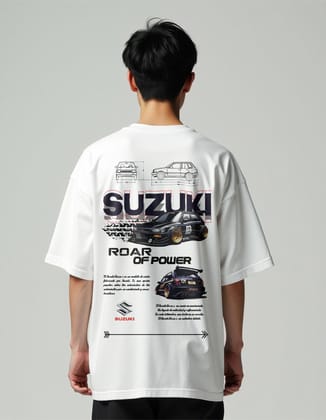 MountCart Store oversized white supercar suzuki back printed t-shirt for men and women MountCart Store oversized white supercar suzuki back printed t-shirt for men and women