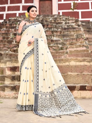 Cream Handloom Cotton Butti Weaving Saree