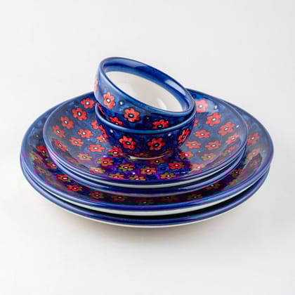 Floral Red and Blue Hand-Painted 6-Piece Ceramic Dinner Set-Red / Blue / Lead Free Ceramic