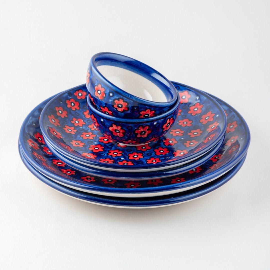Floral Red and Blue Hand-Painted 6-Piece Ceramic Dinner Set-Red / Blue / Lead Free Ceramic