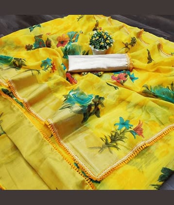 Kanooda Prints Linen Printed Saree With Unstitched Blouse Piece ( Multicolor )