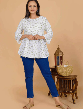 Sufiana White Floral Green Short Frock for Women