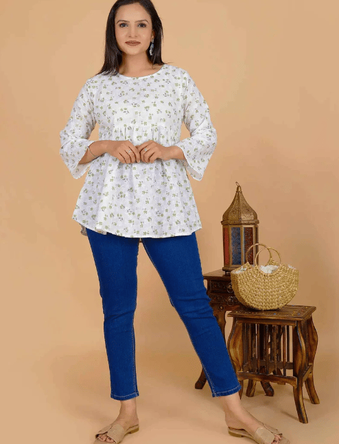 Sufiana White Floral Green Short Frock for Women