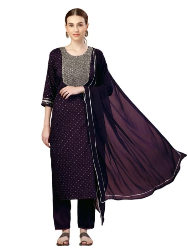 Women's Casual 3-4 th Sleeve Embroidery Silk Blend Kurti Pant Dupatta Set (Purple, M)-PID50266