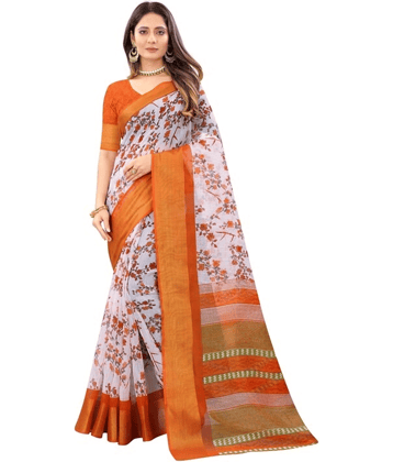 Grubstaker Cotton Blend Printed Saree With Unstitched Blouse Piece ( Orange )