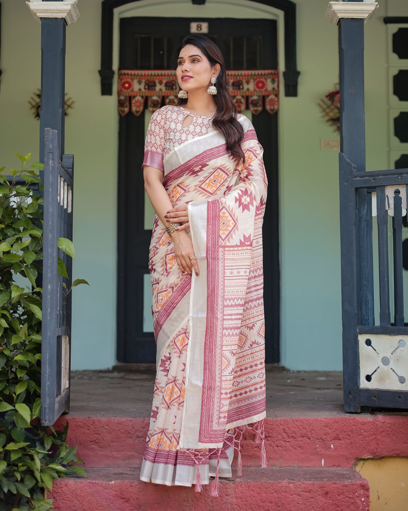Cream and Maroon Geometric Printed Pure Cotton Linen Saree with Blouse and Tassels-Regular