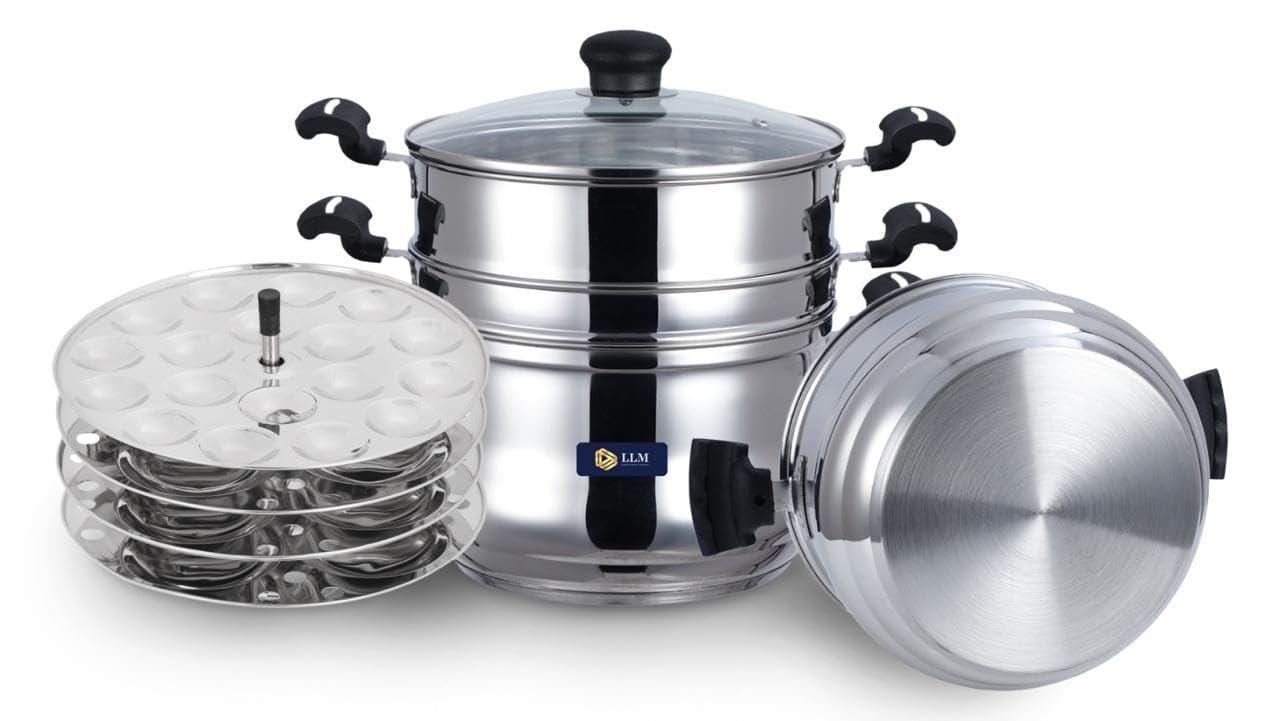 LLM Stainless Steel 5 in 1 Multi Propose Steamer with Idly pltaes, steamer Bowl & Stainer Bowl