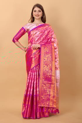 Yavira silk Women's Pink Handwoven Poly Silk Saree