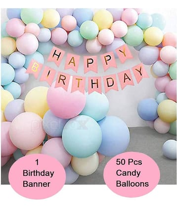 Kiran Enterprises Happy Birthday Banner (Pink) + Multi Candy Balloons (Pack of 50)