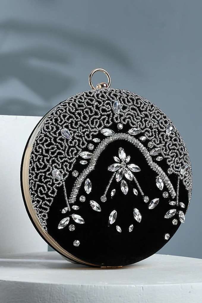 Black Velvet Silver Stone Work Clutch