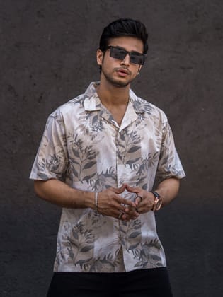 Leaf Printed Cream Half Sleeve Shirt-S