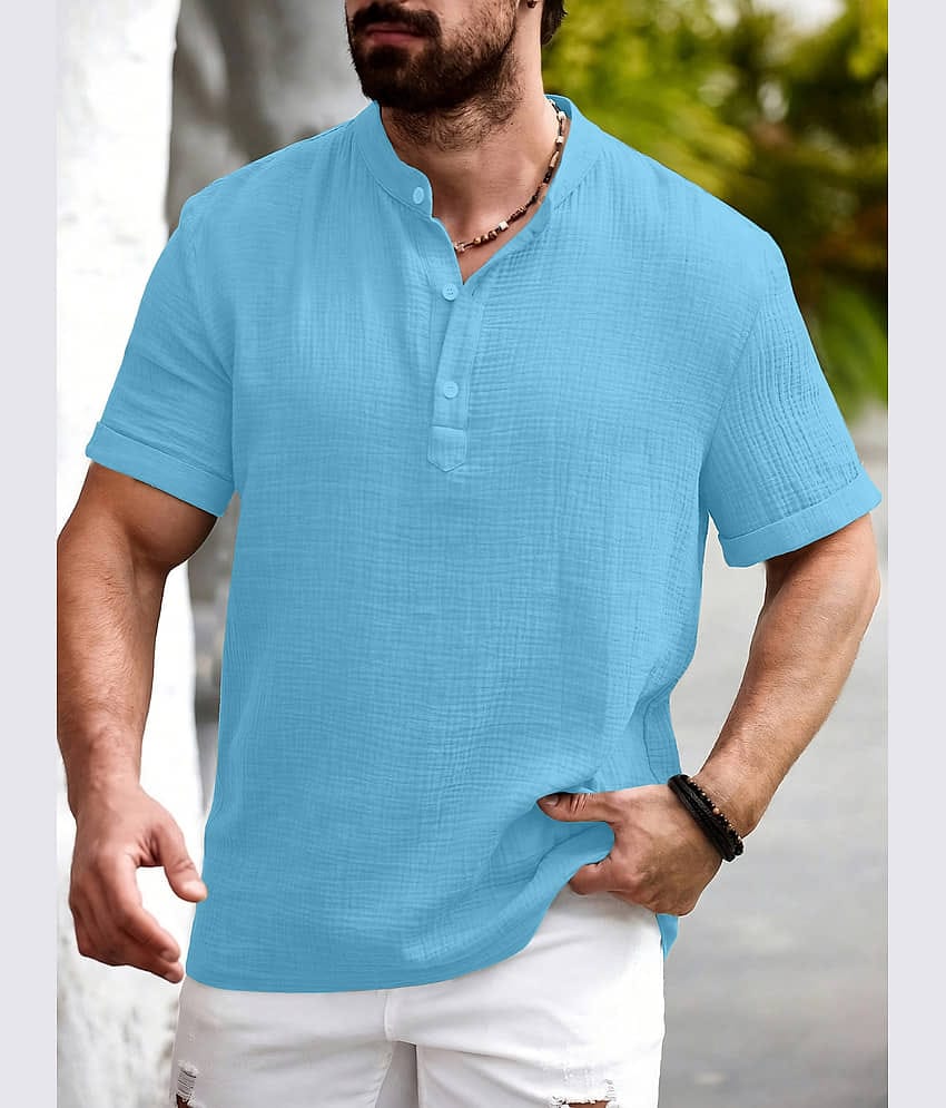 WEBRIC Cotton Blend Self Design Shirt Style Kurta For Men ( Sky Blue )