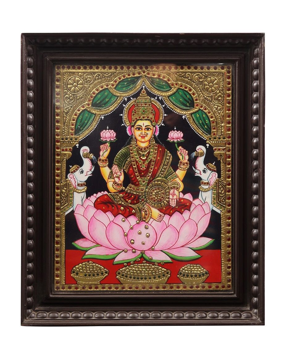 Goddess Gajalakshmi Seated on Lotus Traditional Tanjore Painting By Authentic Handcrafted Method (Size 18x14)