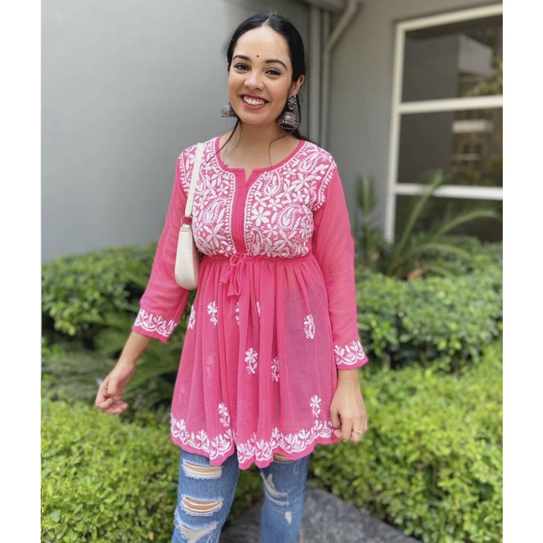 Pink Gorgeous Chickankari Georgette Kurti-S
