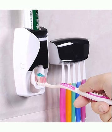 Plastic Toothbrush Holder with Cover Automatic Toothpaste Dispenser Set Dustproof with 3M Sticky Suction Pad Wall Mounted Kids Hands Toothpaste Squeezer