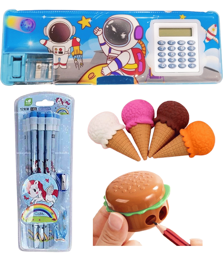 KALRA MAGIC Fun & Cute Stationery Set for Kids 1Pcs Calculator Astronaut Pencil Box 4Pcs 3D Erasers, 12 Pcs Pencils Set & 1 Burger Sharpener (Space Cal)