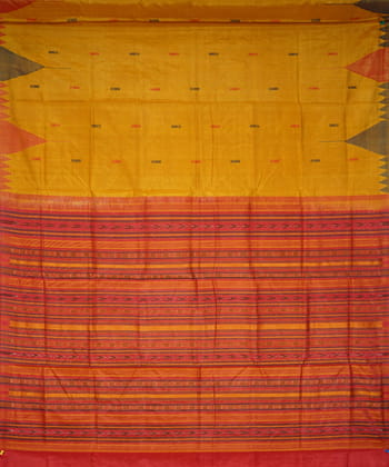 Serifed yellow and red tussar silk handwoven saree Serifed yellow and red tussar silk handwoven saree