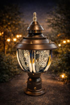 SPARKWORLD Premium Antique Finish Gate Light with Decorative Frosted Glass & Blue Accents | Outdoor Pillar Lamp for Gate, Garden, Terrace | Colour: Brown