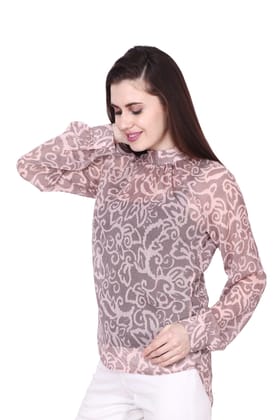 Floral Printed Chiffon Sheer Top-L / Taupe