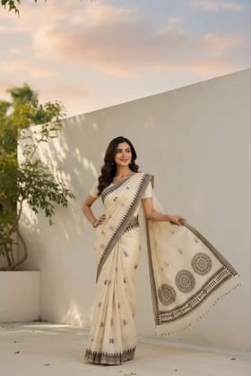 Bomkai Sonepuri Ivory Cotton Saree Tribal Buti Temple Border Bomkai Sonepuri Ivory Cotton Saree Tribal Buti Temple Border