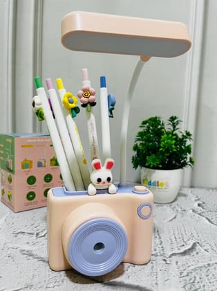 3in1 Cute Camera Shape Table Desk Flexible LED Lamp with Pen Pencil Holder & Pencil Sharpener-Peach