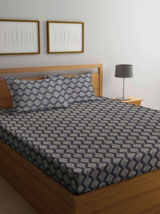 Black & Grey Ethnic Motifs 300 TC King Cotton Bedsheet with 2 Pillow Covers