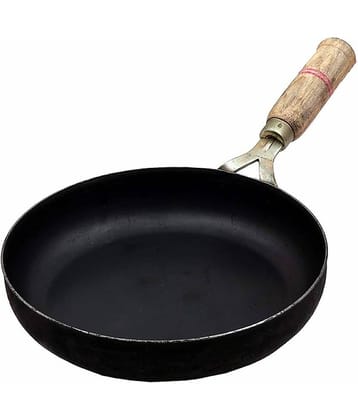 Ms Pure Iron/Loha Black Frying Pan/Wok With Wooden Handle No-10 (Dia-10 Inches, Cap.-1.5 Litres)
