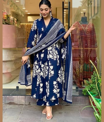 Heavenly Attire Cotton Printed Kurti With Palazzo Women's Stitched Salwar Suit - Blue ( Pack of 1 )